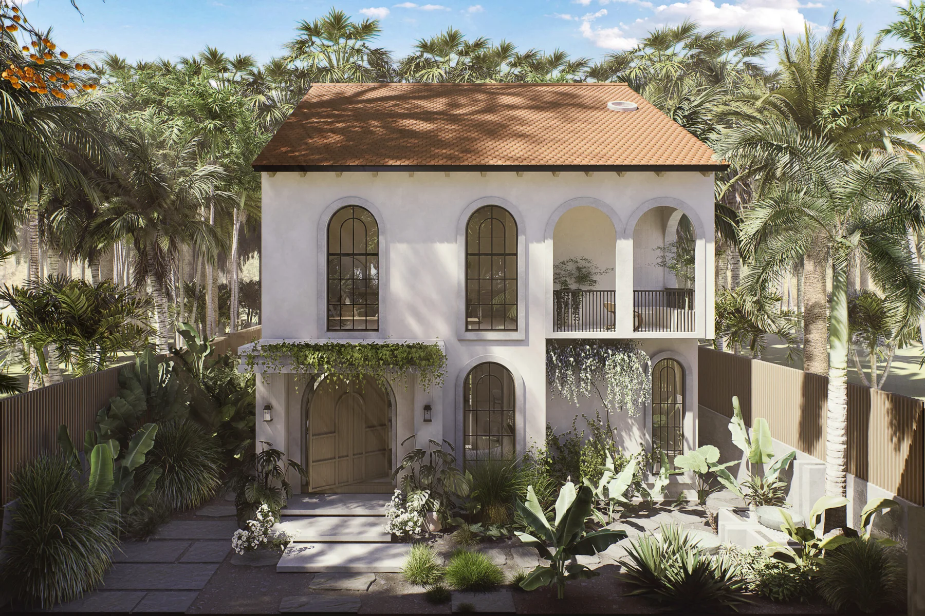 Goan villa framed by tropical palms and arched windows